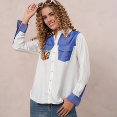 White & Blue Embroidered Tencel Crop Shirt with Collar Neck