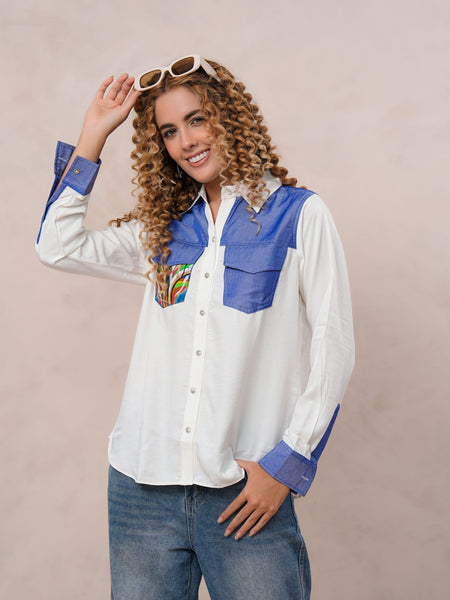 White & Blue Embroidered Tencel Crop Shirt with Collar Neck