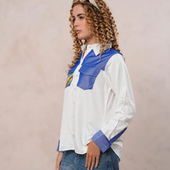 White & Blue Embroidered Tencel Crop Shirt with Collar Neck