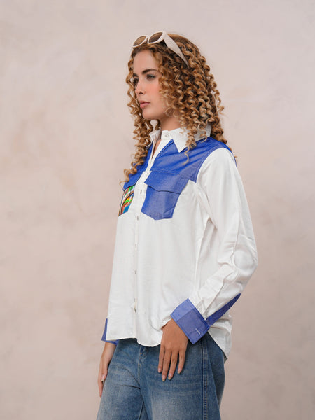White & Blue Embroidered Tencel Crop Shirt with Collar Neck