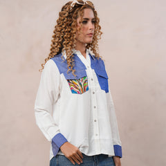 White & Blue Embroidered Tencel Crop Shirt with Collar Neck