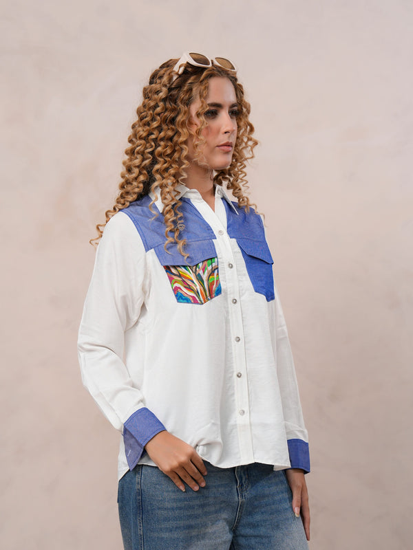 White & Blue Embroidered Tencel Crop Shirt with Collar Neck