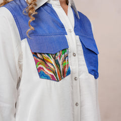 White & Blue Embroidered Tencel Crop Shirt with Collar Neck