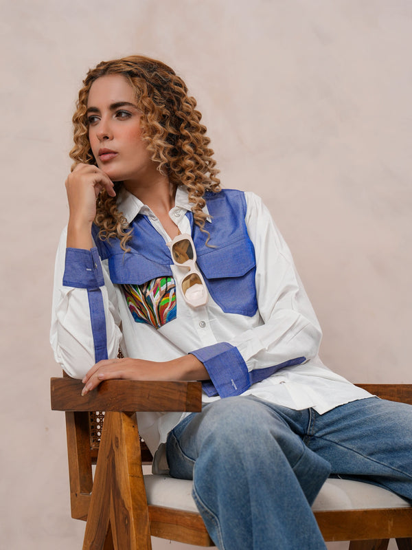 White & Blue Embroidered Tencel Crop Shirt with Collar Neck