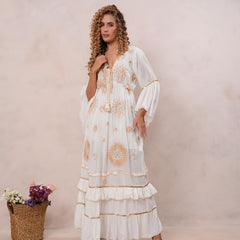 Women’s Off White Viscose Embroidered Maxi Dress