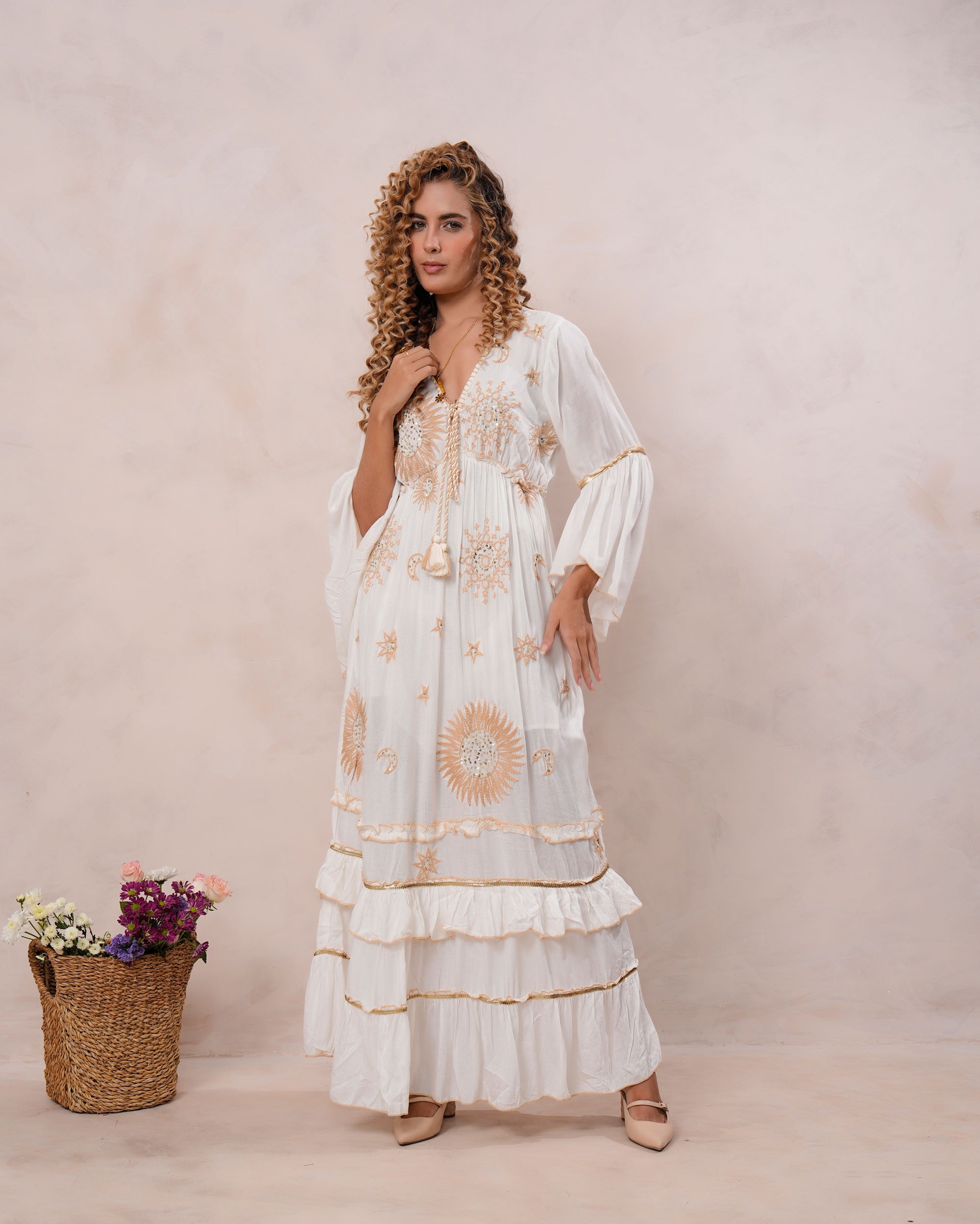 Women’s Off White Viscose Embroidered Maxi Dress