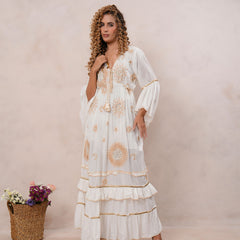 Women’s Off White Viscose Embroidered Maxi Dress