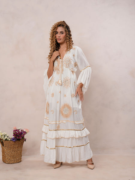 Women’s Off White Viscose Embroidered Maxi Dress