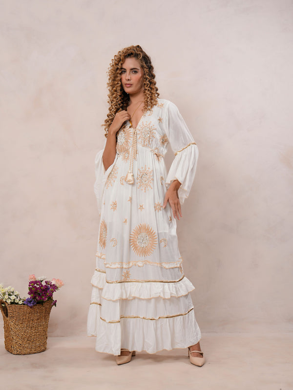 Women’s Off White Viscose Embroidered Maxi Dress