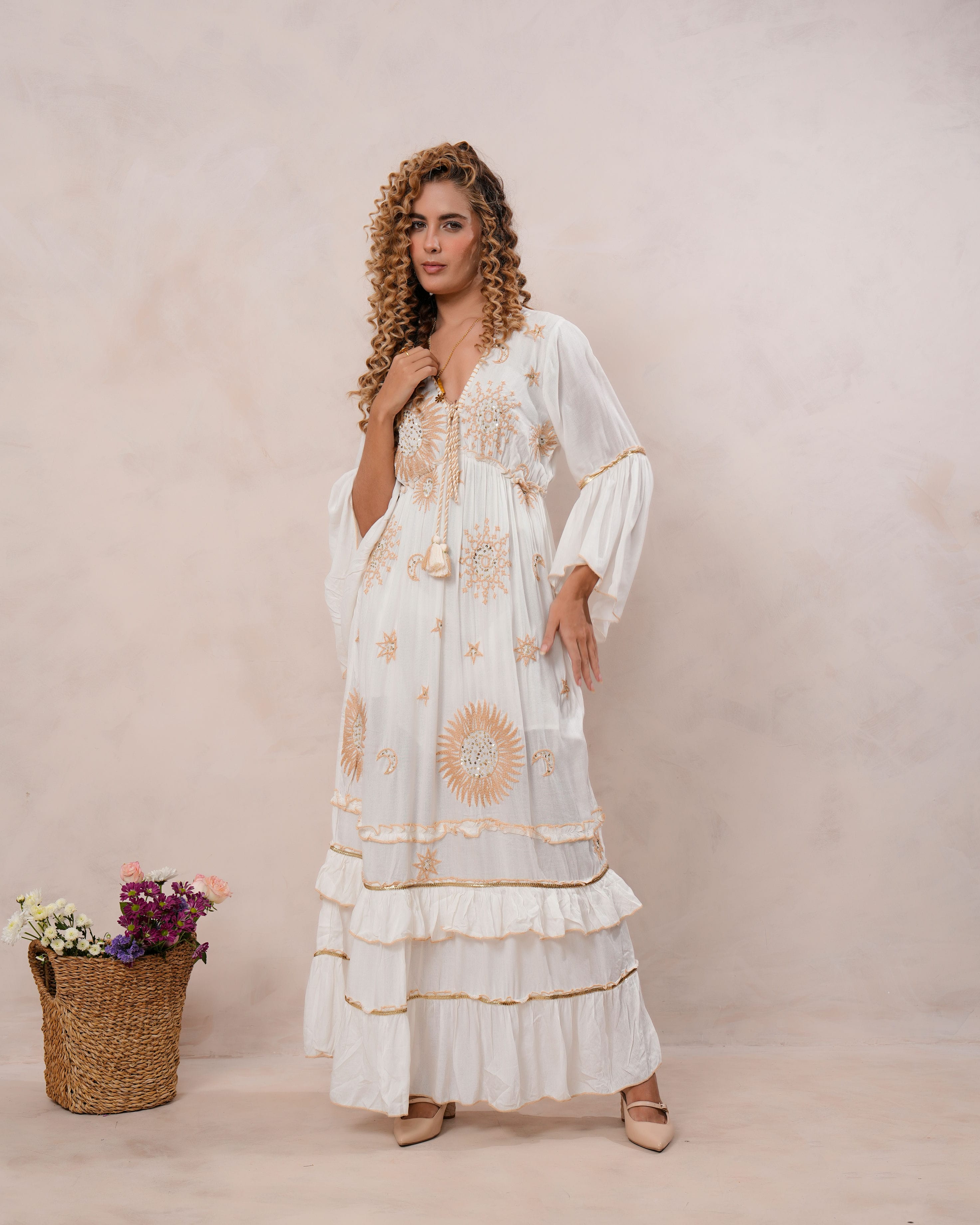 Women’s Off White Viscose Embroidered Maxi Dress