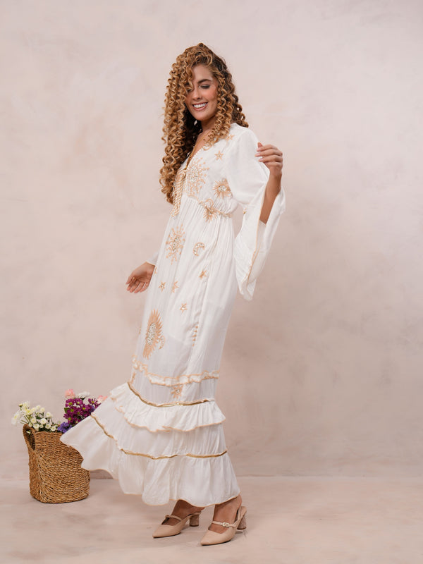 Women’s Off White Viscose Embroidered Maxi Dress