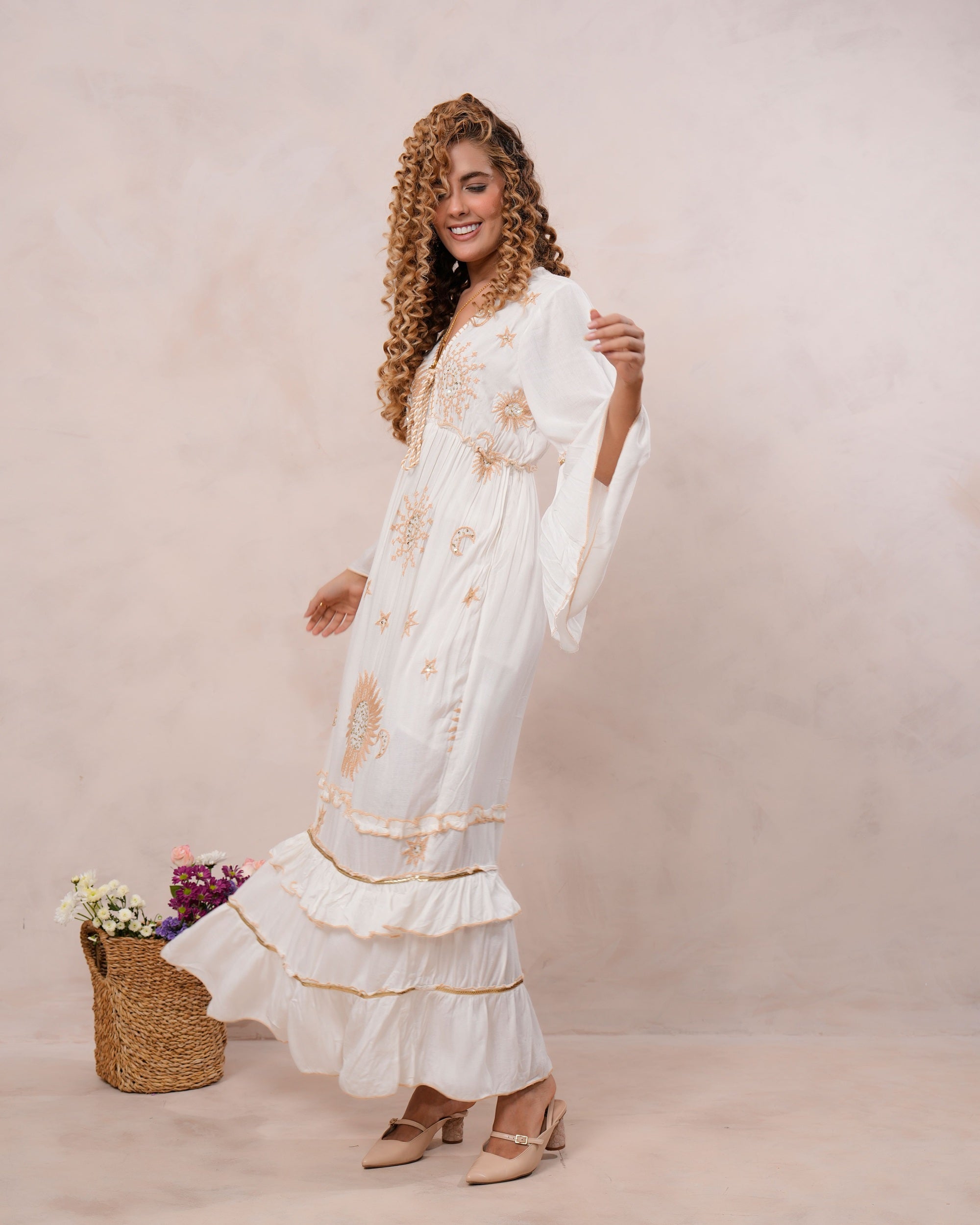 Women’s Off White Viscose Embroidered Maxi Dress