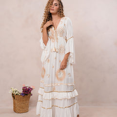 Women’s Off White Viscose Embroidered Maxi Dress