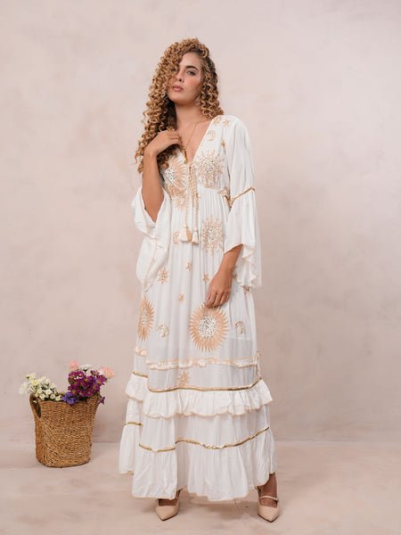 Women’s Off White Viscose Embroidered Maxi Dress