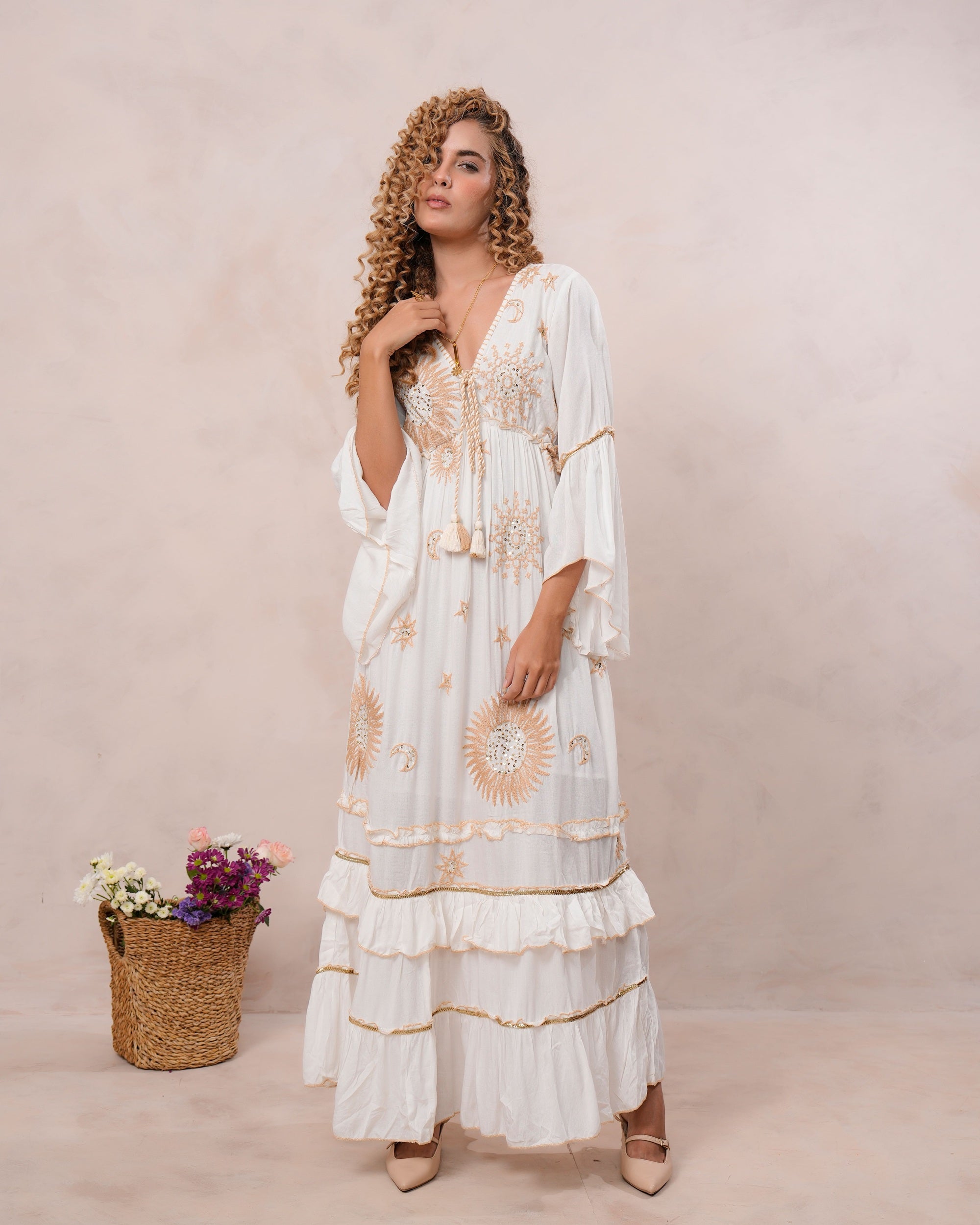 Women’s Off White Viscose Embroidered Maxi Dress