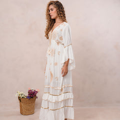 Women’s Off White Viscose Embroidered Maxi Dress