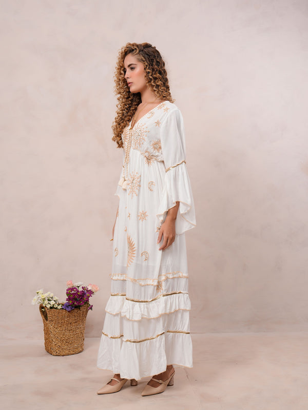 Women’s Off White Viscose Embroidered Maxi Dress