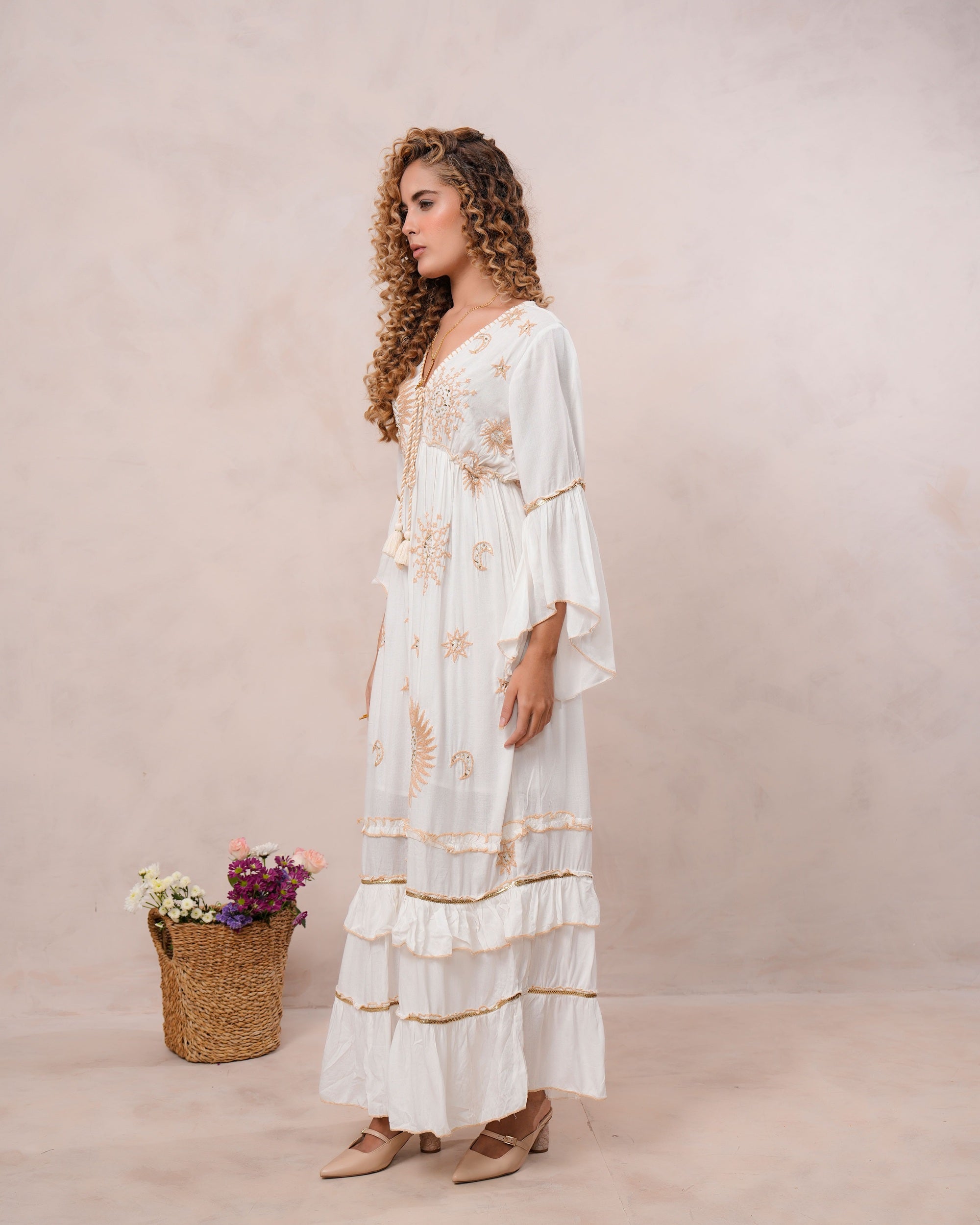 Women’s Off White Viscose Embroidered Maxi Dress
