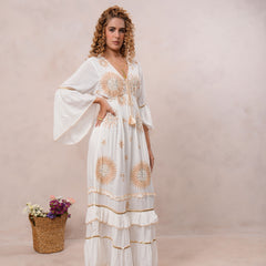 Women’s Off White Viscose Embroidered Maxi Dress