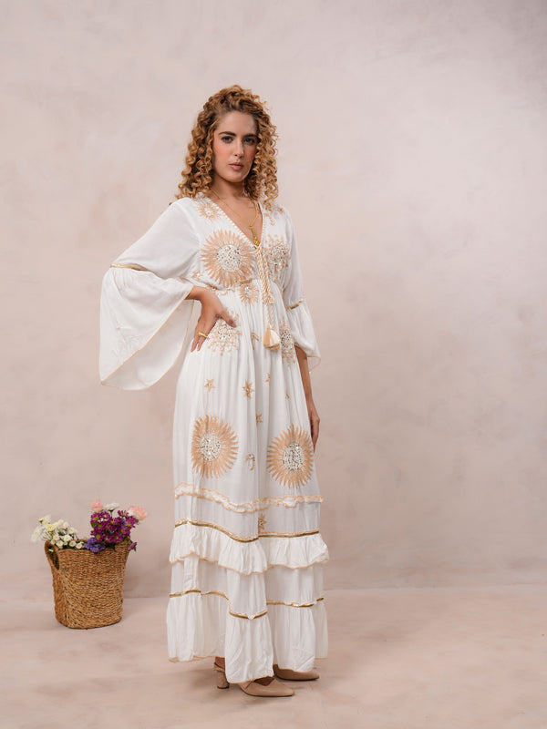 Women’s Off White Viscose Embroidered Maxi Dress