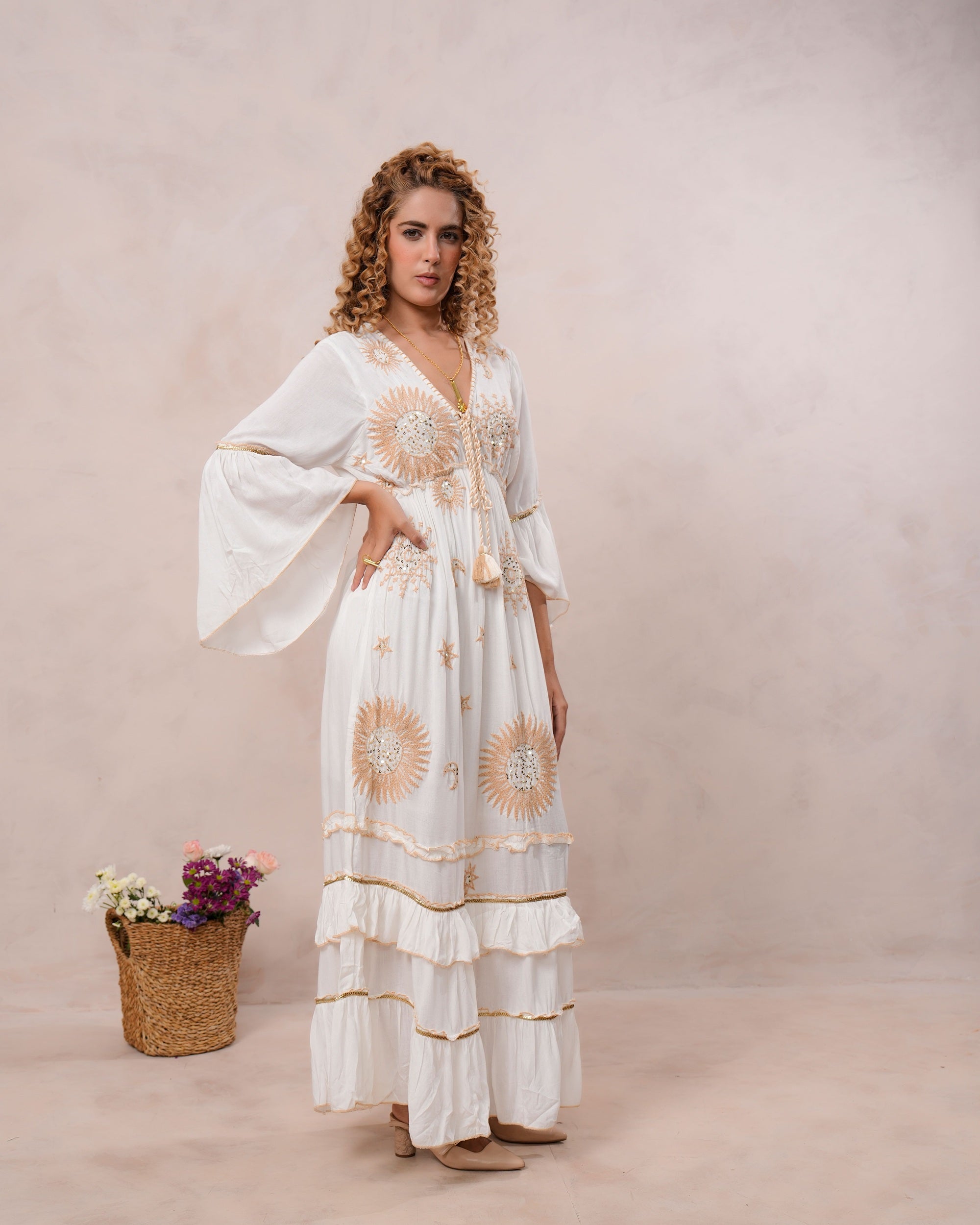 Women’s Off White Viscose Embroidered Maxi Dress