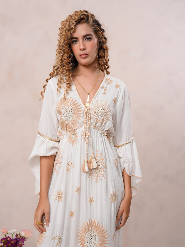 Women’s Off White Viscose Embroidered Maxi Dress