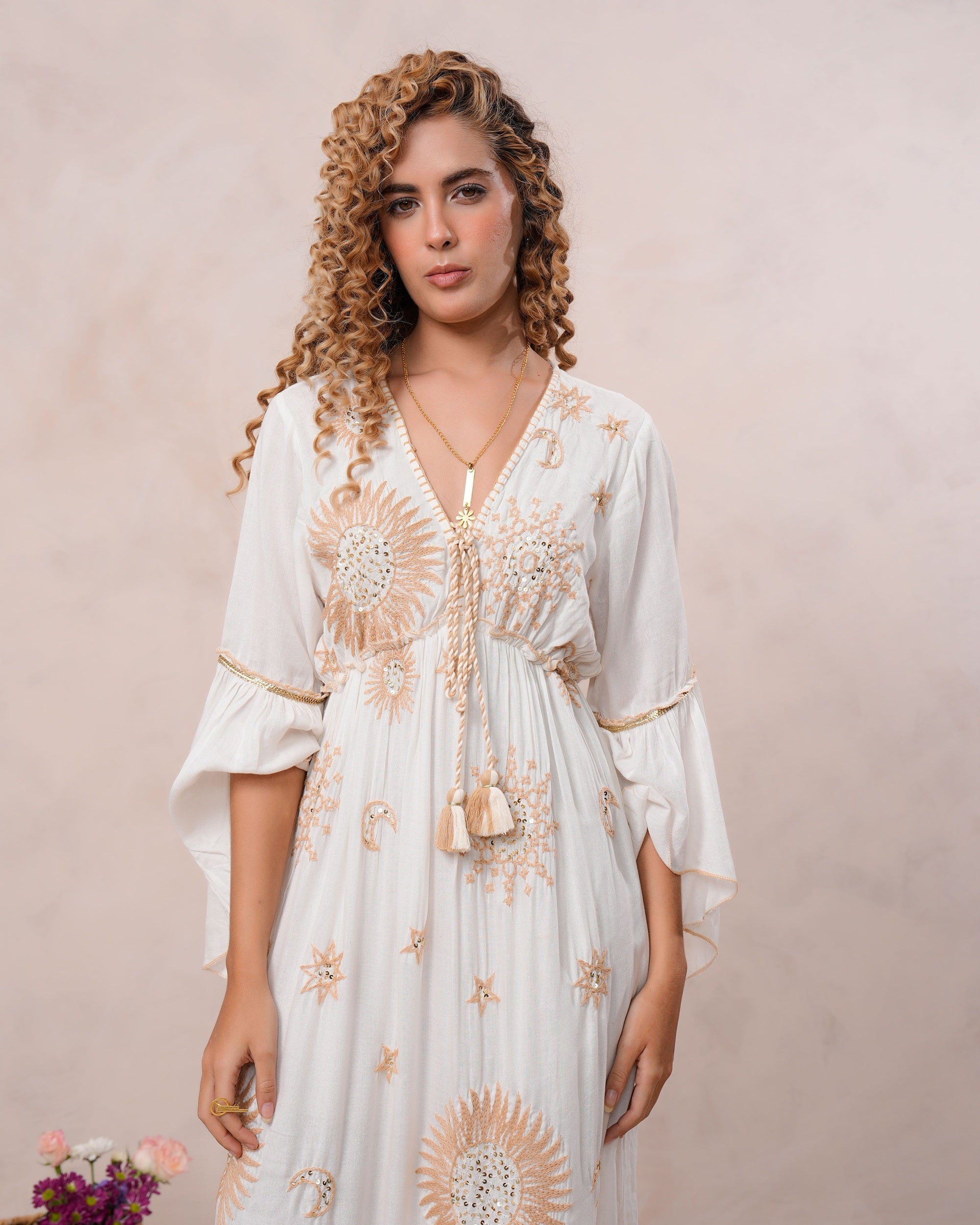 Women’s Off White Viscose Embroidered Maxi Dress