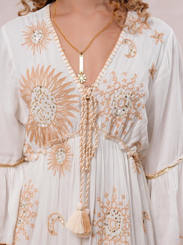 Women’s Off White Viscose Embroidered Maxi Dress