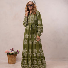 Women’s Olive Green Viscose Embroidered Maxi Dress