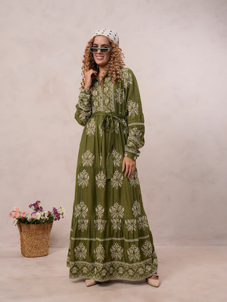 Women’s Olive Green Viscose Embroidered Maxi Dress