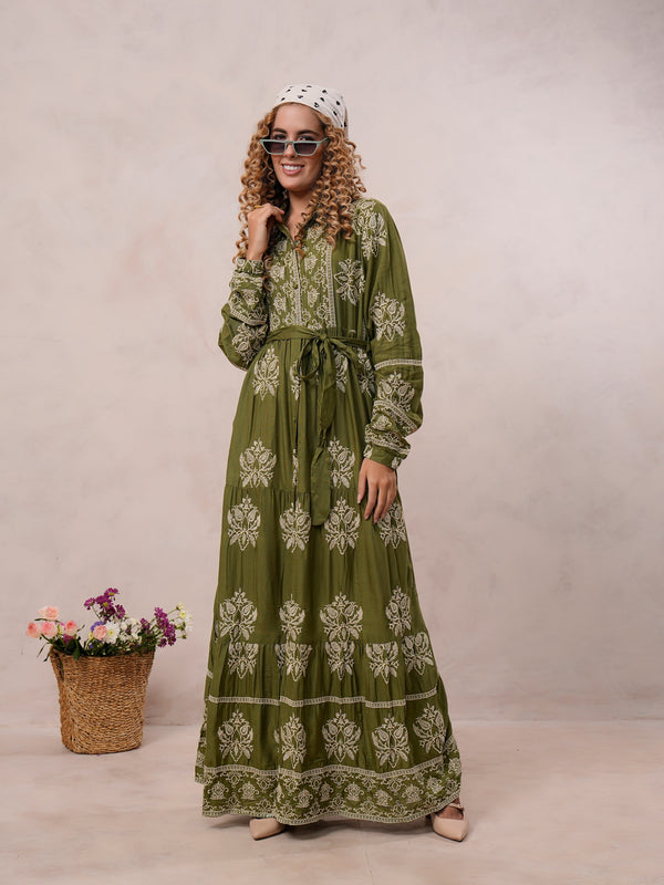 Women’s Olive Green Viscose Embroidered Maxi Dress