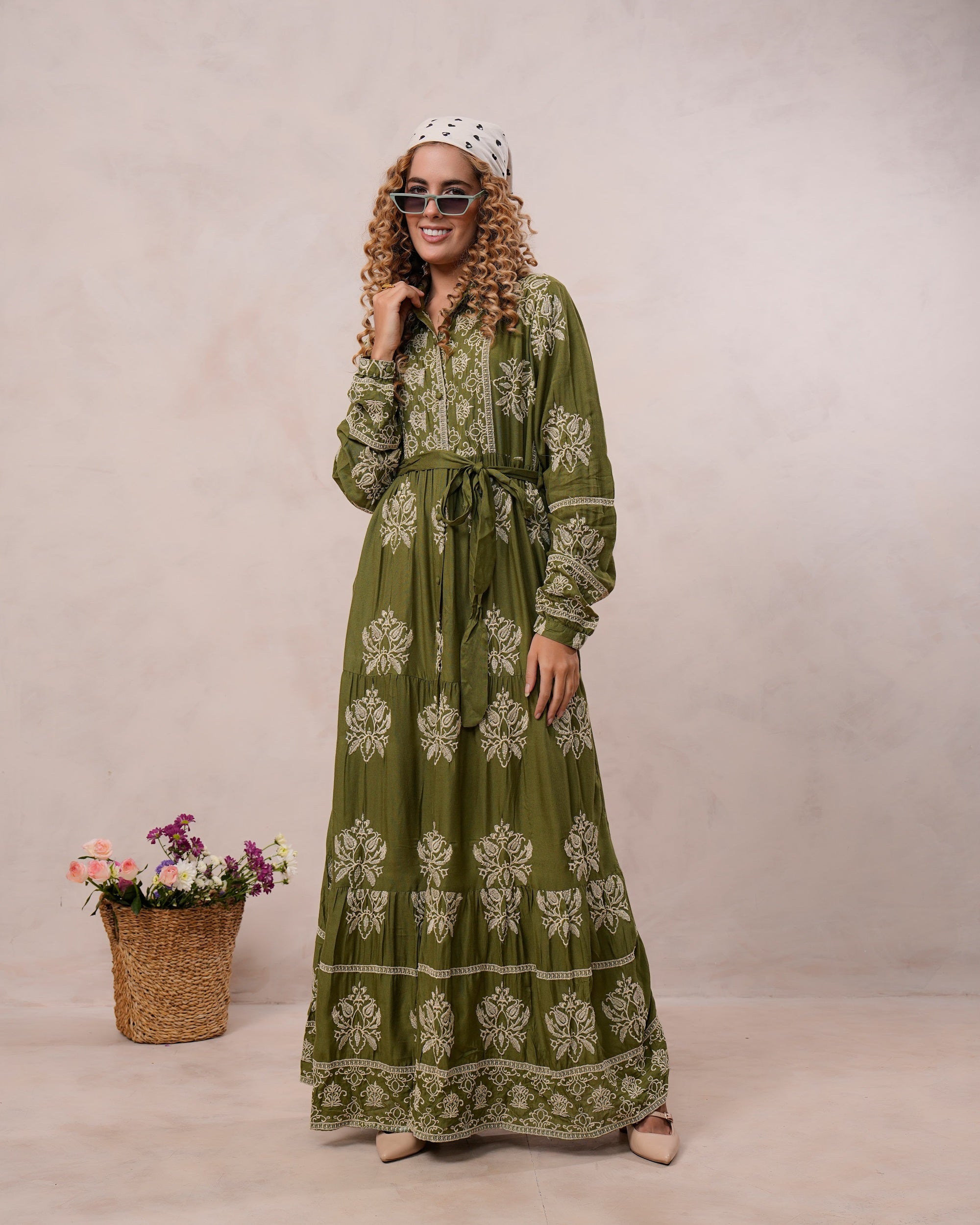 Women’s Olive Green Viscose Embroidered Maxi Dress
