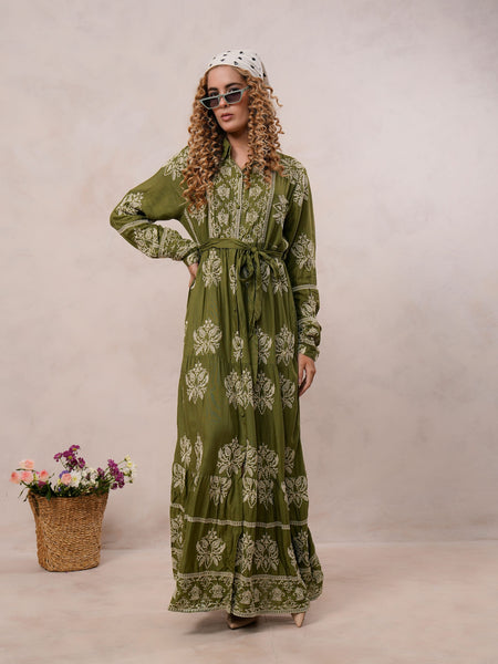 Women’s Olive Green Viscose Embroidered Maxi Dress