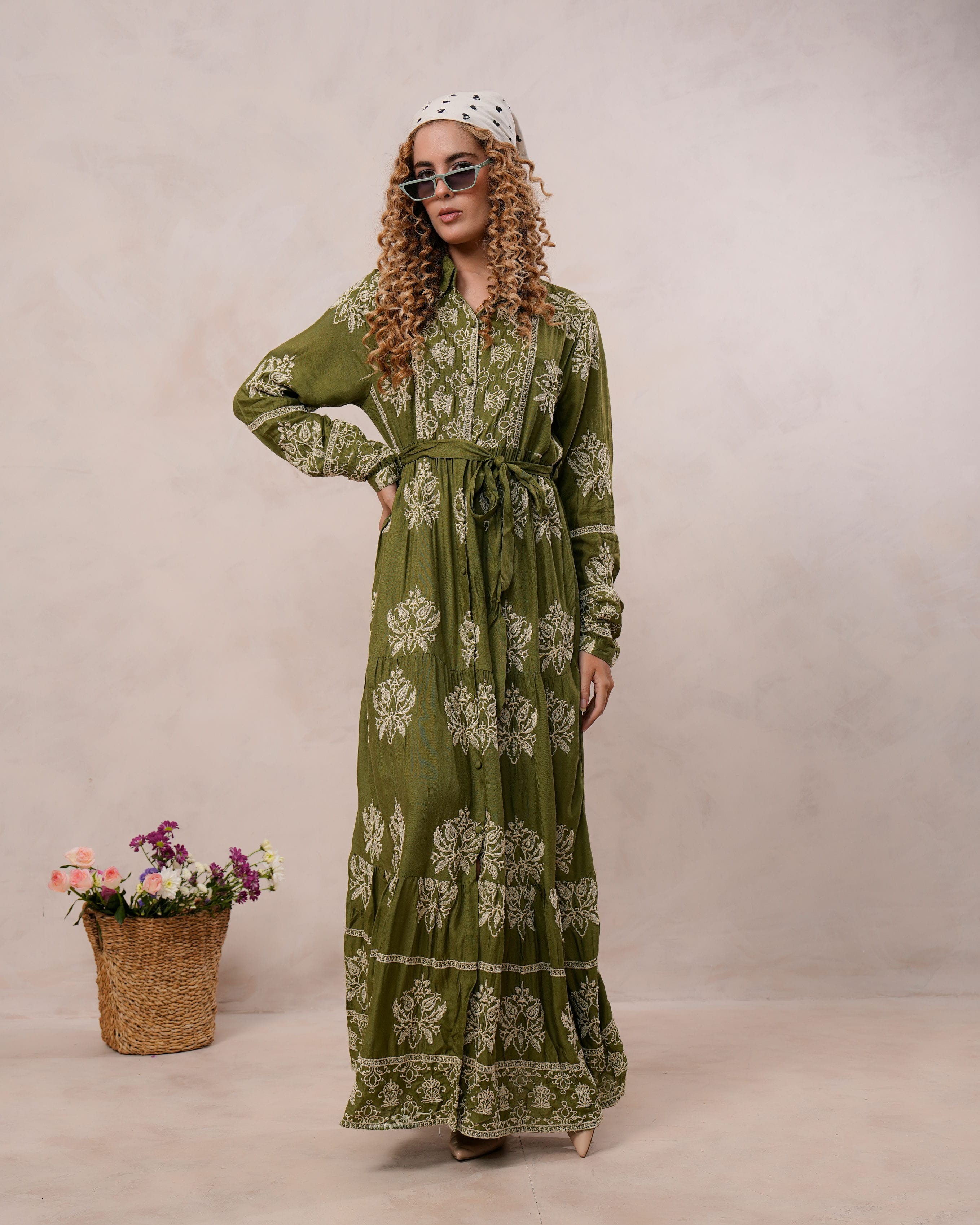 Women’s Olive Green Viscose Embroidered Maxi Dress