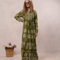 Women’s Olive Green Viscose Embroidered Maxi Dress