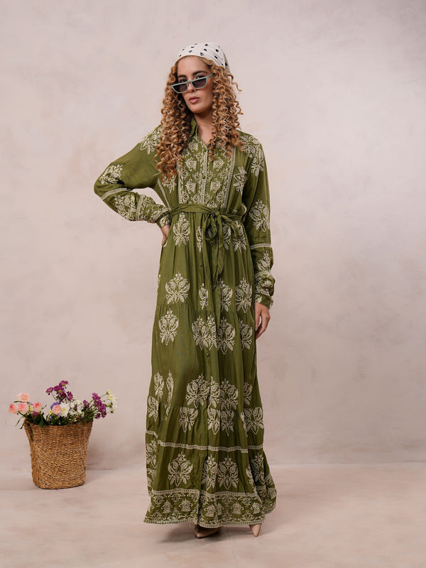 Women’s Olive Green Viscose Embroidered Maxi Dress