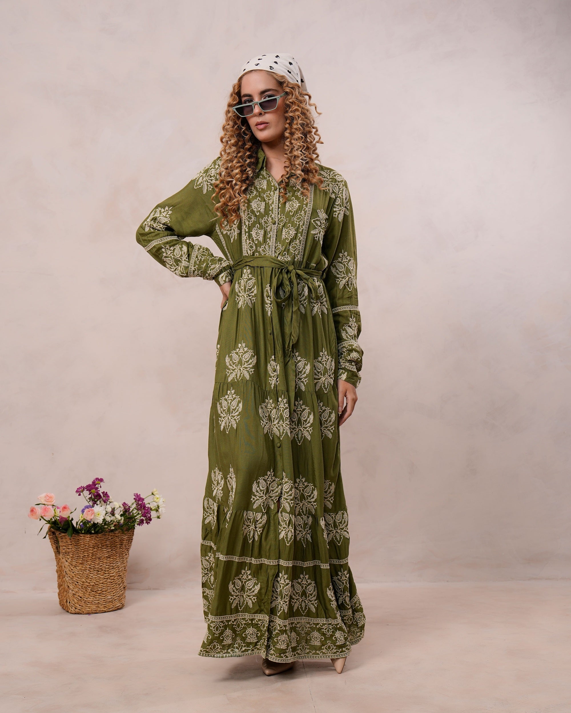 Women’s Olive Green Viscose Embroidered Maxi Dress