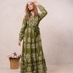 Women’s Olive Green Viscose Embroidered Maxi Dress