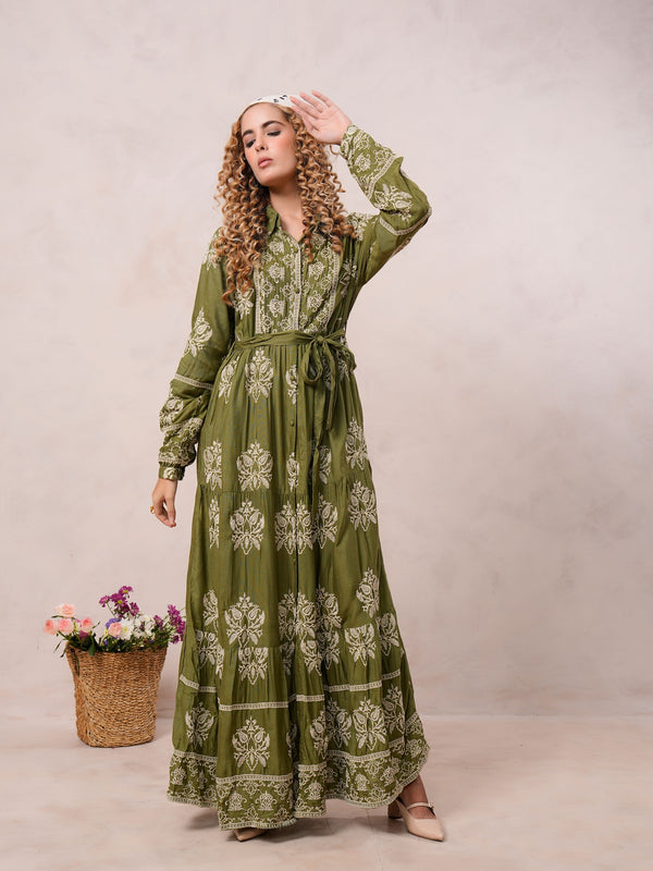 Women’s Olive Green Viscose Embroidered Maxi Dress