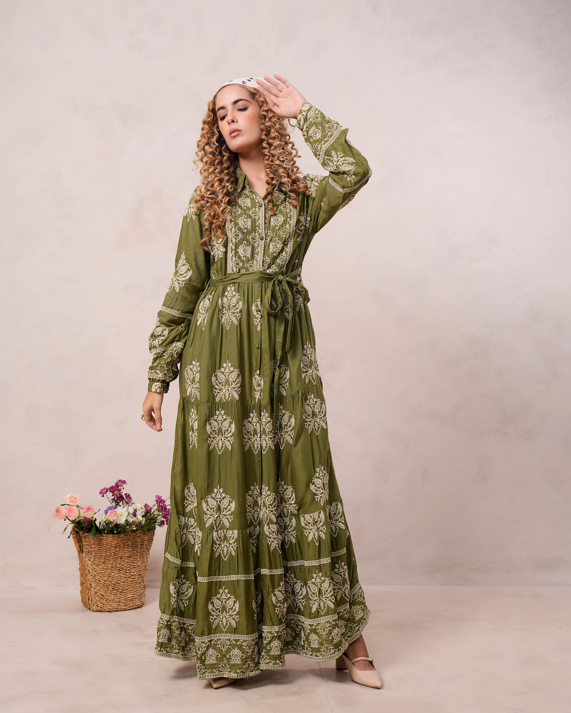 Women’s Olive Green Viscose Embroidered Maxi Dress