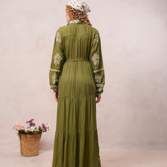 Women’s Olive Green Viscose Embroidered Maxi Dress