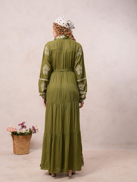 Women’s Olive Green Viscose Embroidered Maxi Dress