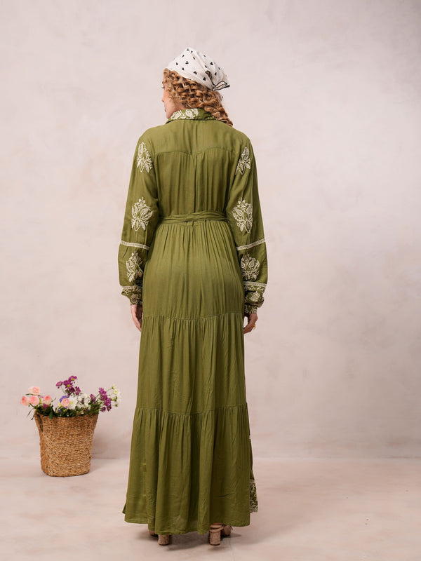 Women’s Olive Green Viscose Embroidered Maxi Dress