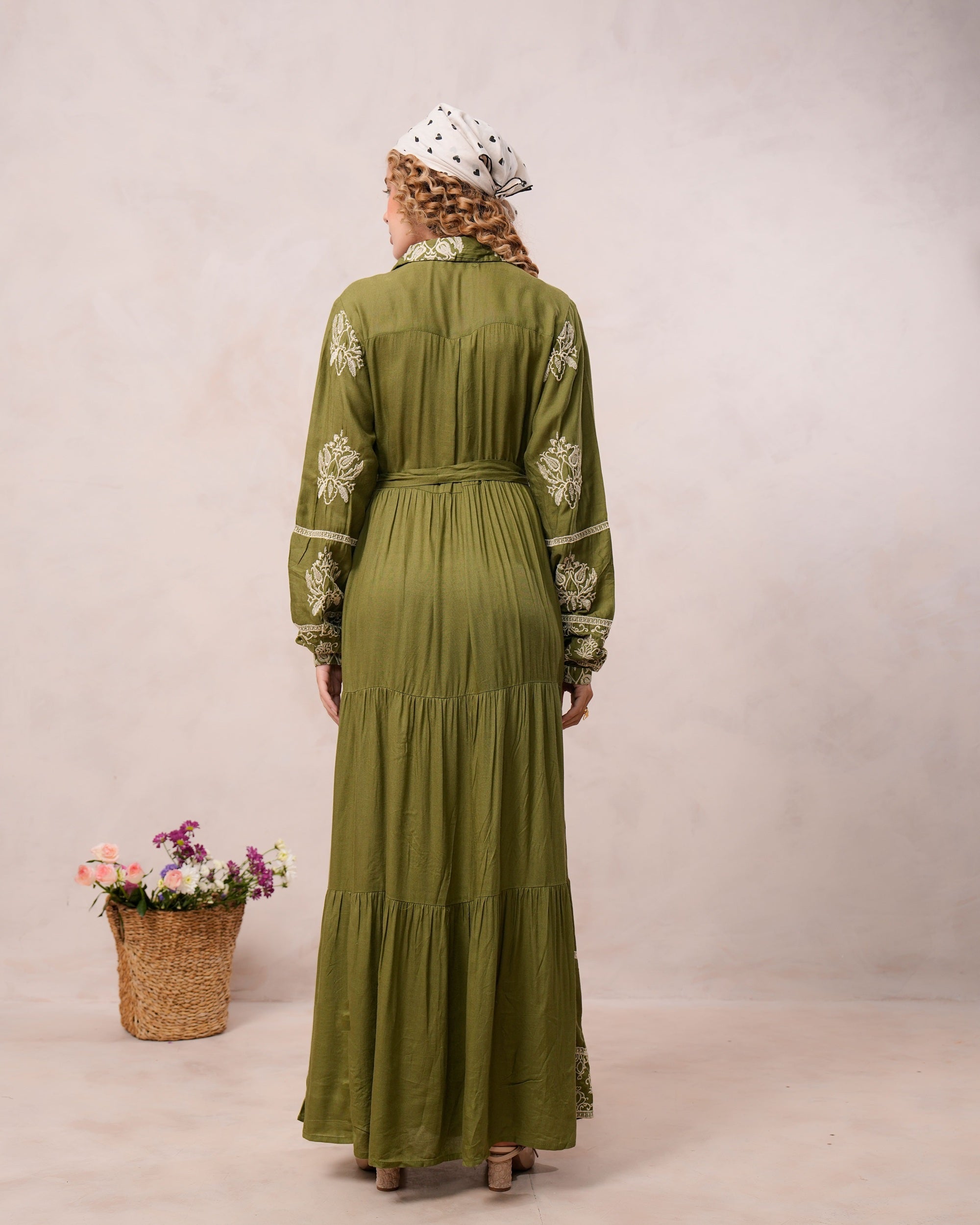 Women’s Olive Green Viscose Embroidered Maxi Dress