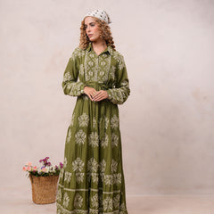 Women’s Olive Green Viscose Embroidered Maxi Dress