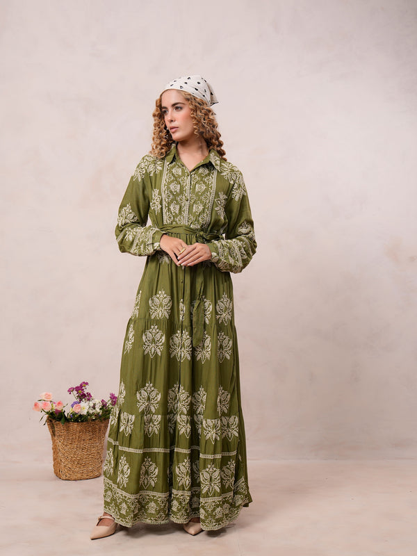 Women’s Olive Green Viscose Embroidered Maxi Dress