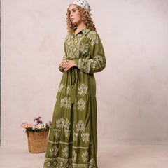 Women’s Olive Green Viscose Embroidered Maxi Dress