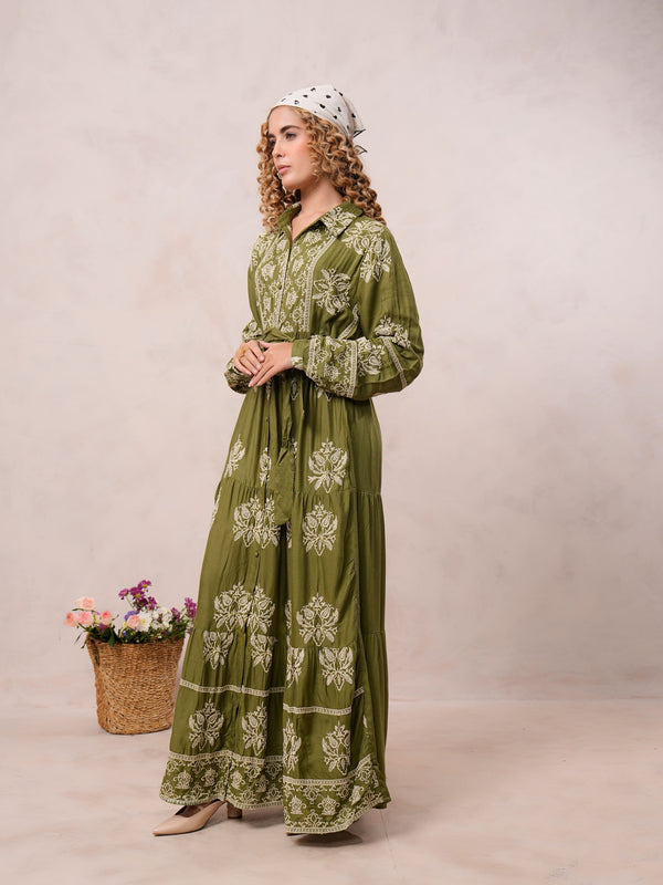 Women’s Olive Green Viscose Embroidered Maxi Dress