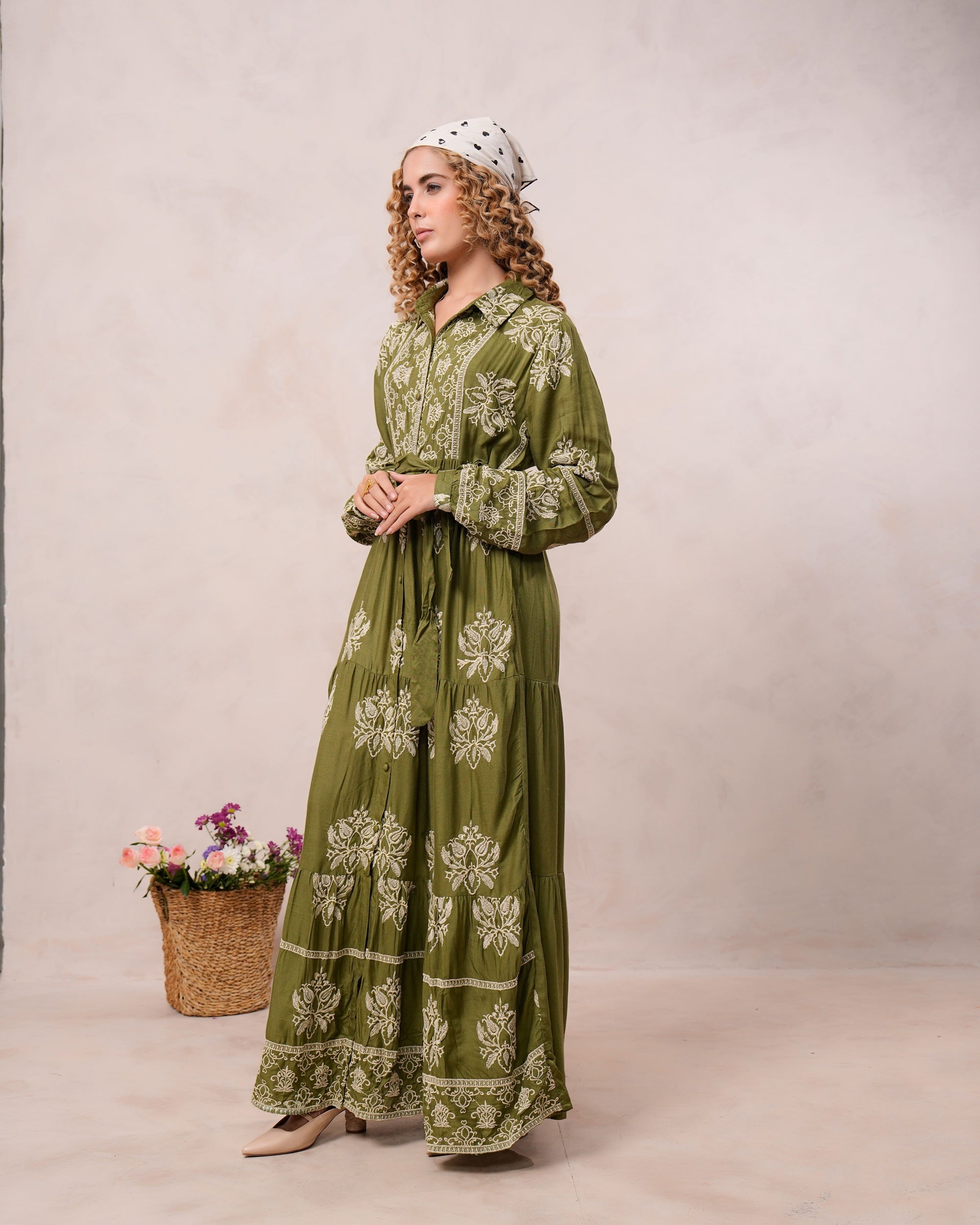 Women’s Olive Green Viscose Embroidered Maxi Dress