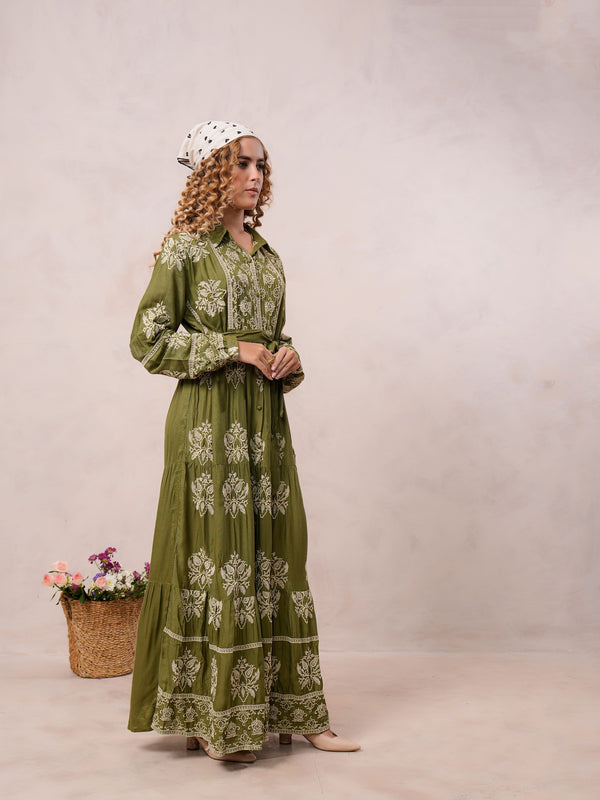 Women’s Olive Green Viscose Embroidered Maxi Dress